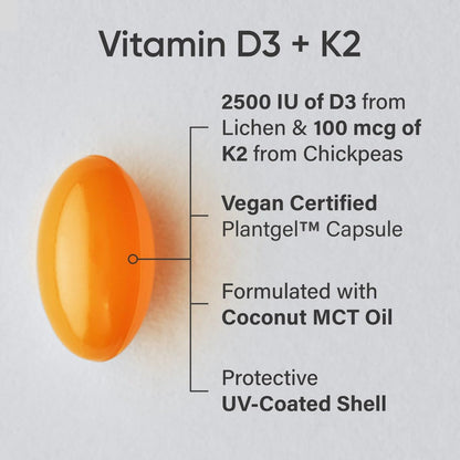 Sports Research® Vitamin D3 + K2 w/Coconut Oil - Vegan Vitamin D 2500iu (62.5mcg) & Mk7 Vitamin K 100mcg for Bone & Immune Support - Vegan Certified - Maple Wellness Supplements