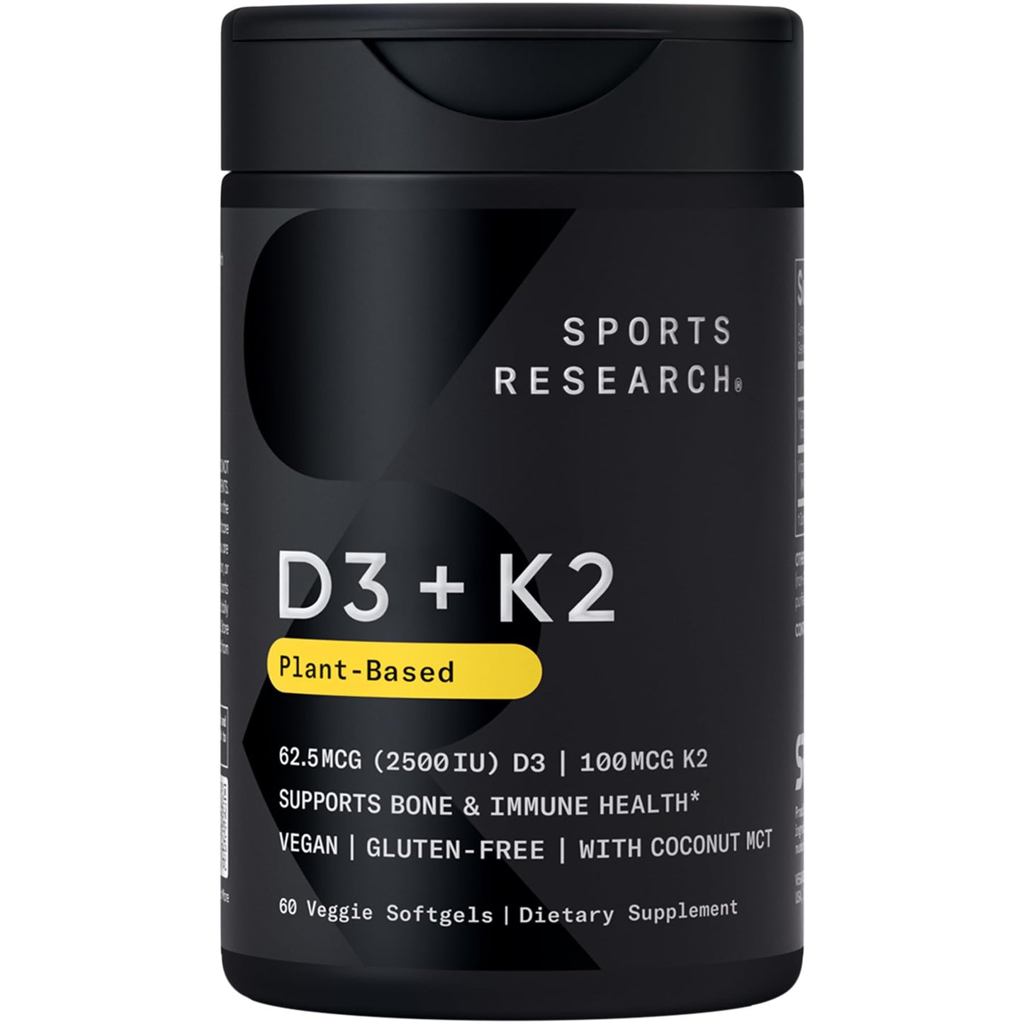 Sports Research® Vitamin D3 + K2 w/Coconut Oil - Vegan Vitamin D 2500iu (62.5mcg) & Mk7 Vitamin K 100mcg for Bone & Immune Support - Vegan Certified - Maple Wellness Supplements