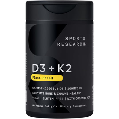 Sports Research® Vitamin D3 + K2 w/Coconut Oil - Vegan Vitamin D 2500iu (62.5mcg) & Mk7 Vitamin K 100mcg for Bone & Immune Support - Vegan Certified - Maple Wellness Supplements
