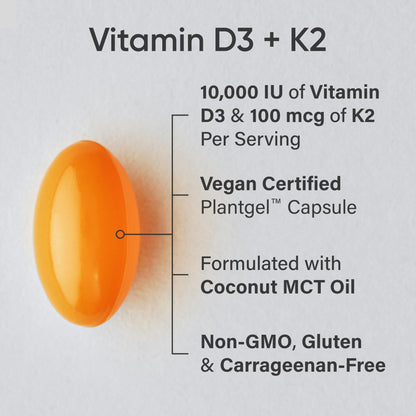 Sports Research® Vitamin D3 + K2 with 10,000iu of Plant-Based D3 & 100mcg of Vitamin K2 as MK-7 | Non-GMO Verified & Vegan Certified 60ct - Maple Wellness Supplements
