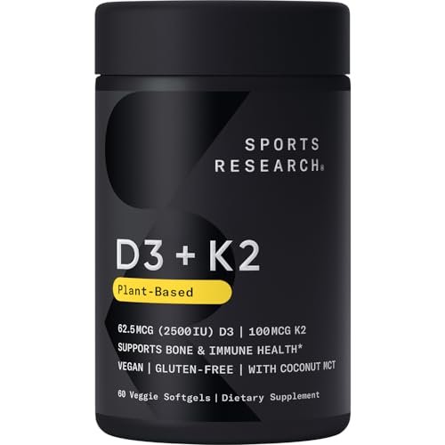 Sports Research Vitamin D3 K2 with Coconut MCT Oil | Vegan D3 2500iu (62.5mcg) - Maple Wellness Supplements