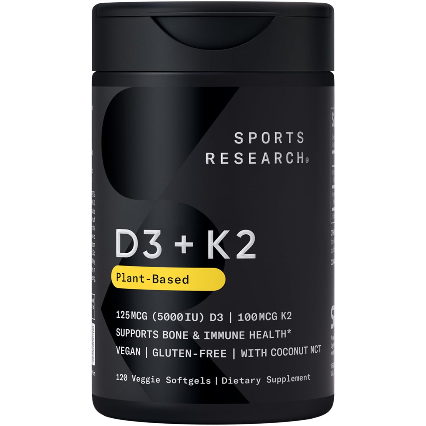 Sports Research Vitamin D3 with K2 Softgels - Plant Based K2 & Vegan D3 5000iu with Coconut MCT Oil - Vegan Certified, Soy & Gluten Free - 120 Count - Maple Wellness Supplements