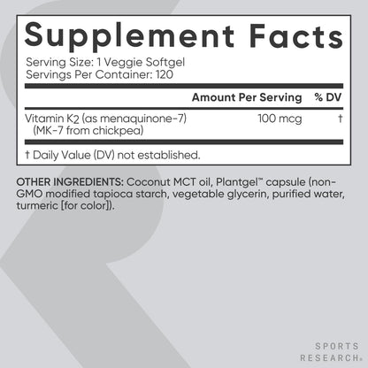 Sports Research Vitamin K2 as MK-7 100mcg with Coconut MCT Oil - 120 Veggie Softgels (4 Month Supply) Vegan Certified, Non-GMO Verified, Gluten & Soy Free - Maple Wellness Supplements