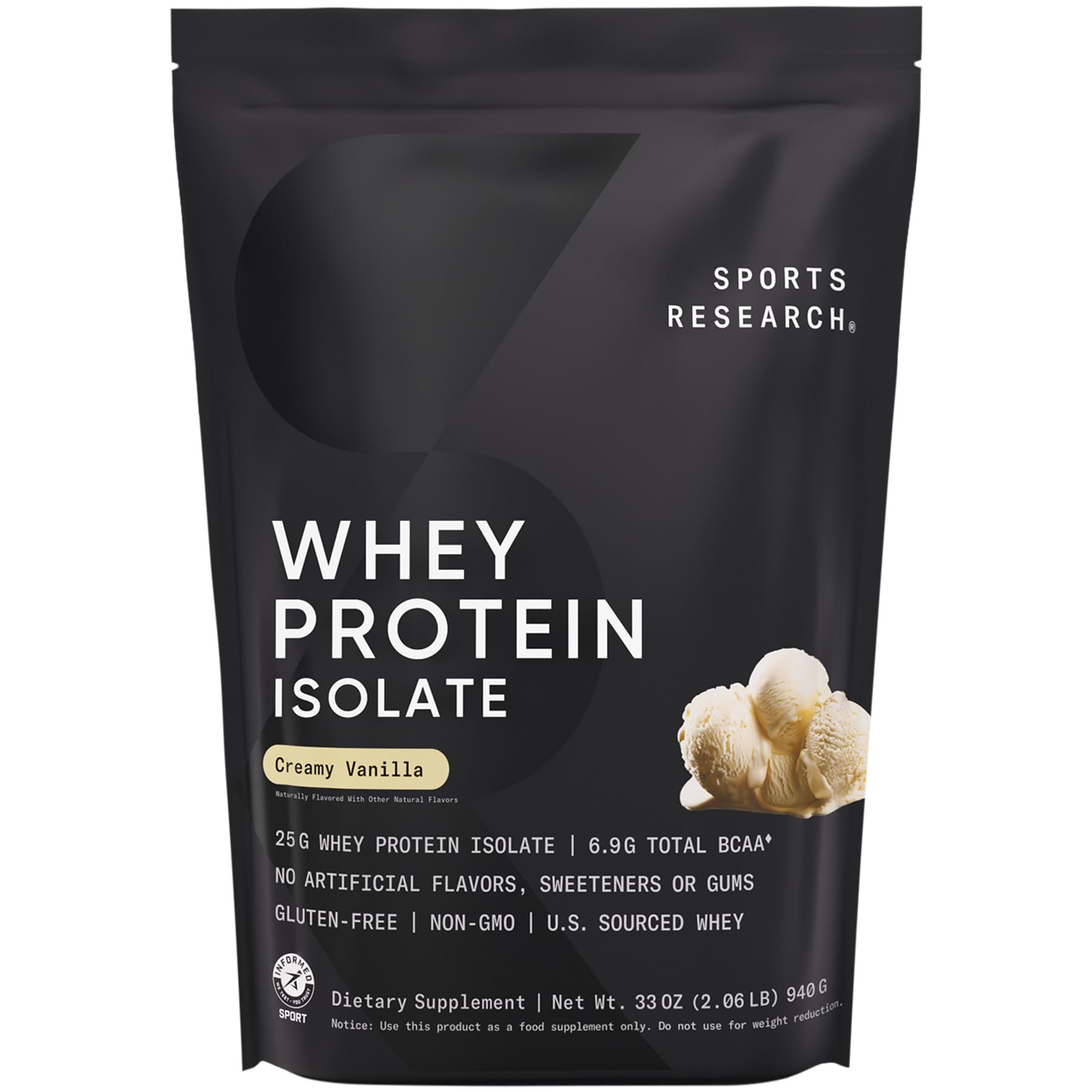 Sports Research Whey Protein Isolate - Sports Nutrition Protein Powder 25g per Serving - 2.06lb Bag Whey Protein - Vanilla Flavor - Bulk Protein Powder, 26 Servings - Maple Wellness Supplements