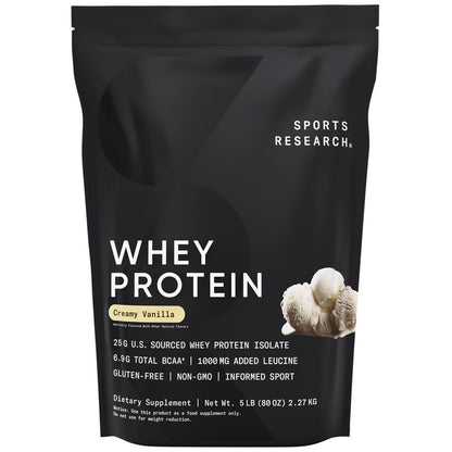 Sports Research Whey Protein Isolate - Sports Nutrition Protein Powder 25g per Serving - 5lb Bag Whey Protein - Vanilla Flavor - Bulk Protein Powder, 56 Servings - Maple Wellness Supplements