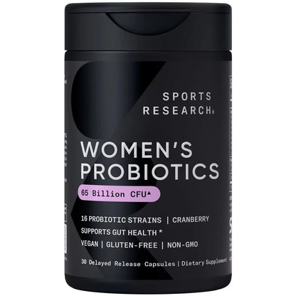 Sports Research Women's Probiotics with Prebiotics, 65 Billion CFU - Vegan Capsules for Gut Health & Digestive Support, Probiotics for Women with Cranberry - Non-GMO Verified & Gluten Free - 30 Count - Maple Wellness Supplements