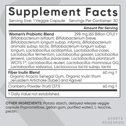 Sports Research Women's Probiotics with Prebiotics, 65 Billion CFU - Vegan Capsules for Gut Health & Digestive Support, Probiotics for Women with Cranberry - Non-GMO Verified & Gluten Free - 30 Count - Maple Wellness Supplements