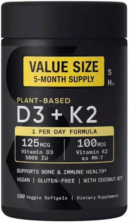 Sports Vitamin D3 K2 with 5000iu of Plant-Based D3 & 100mcg of Vitamin K2 as MK-7, Non-GMO Verified & Vegan Certified - 160 Liquid Softgels - Pack1 - Maple Wellness Supplements