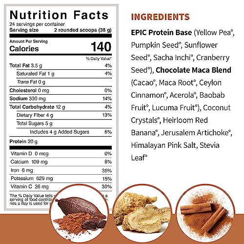 Sprout Living Epic Protein, Plant Based Protein & Superfoods Powder, Chocolate Maca - Maple Wellness Supplements