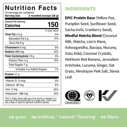 Sprout Living Epic Protein, Plant Based Protein & Superfoods Powder, Mindful Matcha - Maple Wellness Supplements