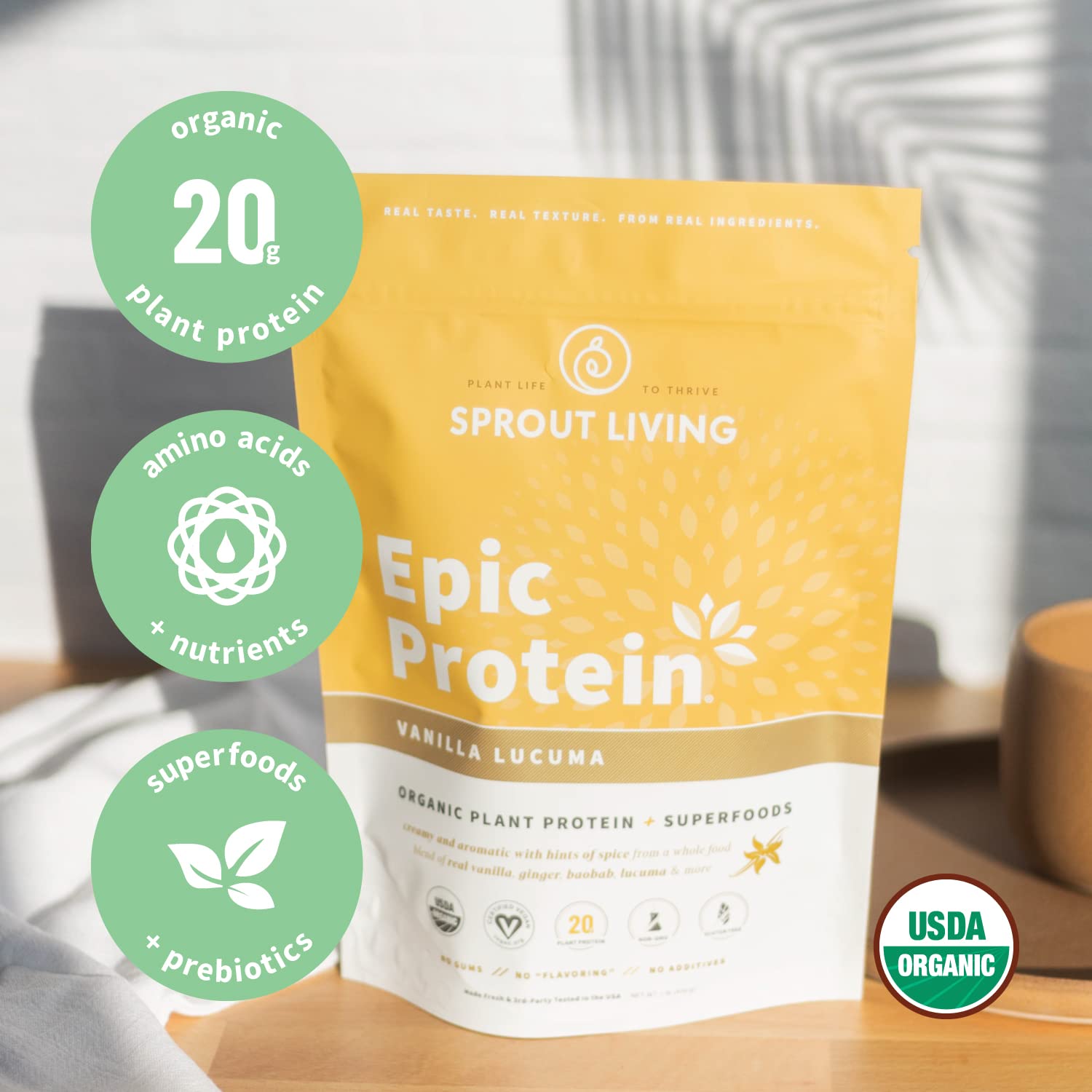 Sprout Living Epic Protein, Plant Based Protein & Superfoods Powder, Vanilla Lucuma Powder | 20 Grams Organic Protein Powder, Vegan, Non Dairy, Non-GMO, Gluten Free, Low Sugar (1 Pound, 12 Servings) - Maple Wellness Supplements