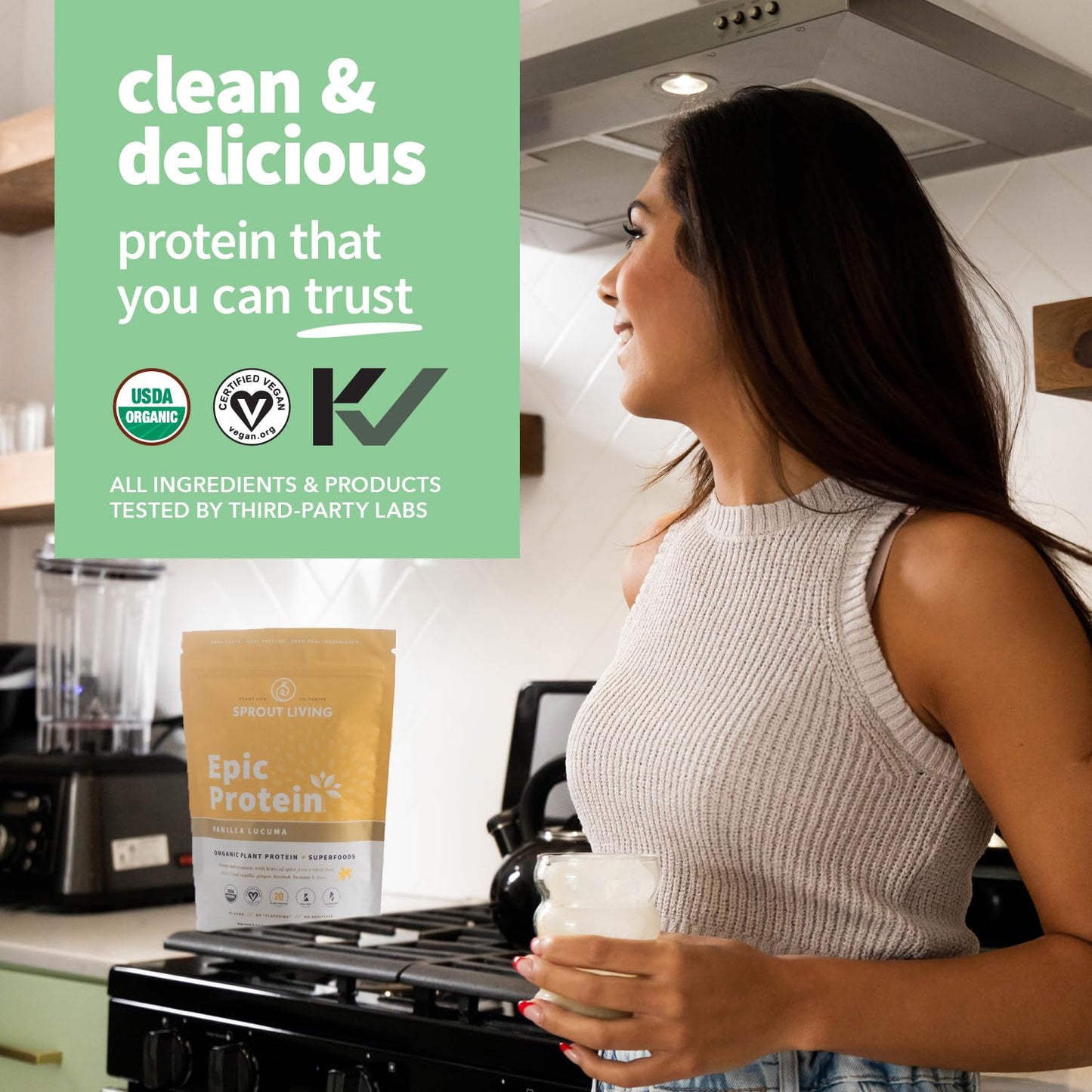 Sprout Living Epic Protein, Plant Based Protein & Superfoods Powder, Vanilla Lucuma Powder | 20 Grams Organic Protein Powder, Vegan, Non Dairy, Non-GMO, Gluten Free, Low Sugar (1 Pound, 12 Servings) - Maple Wellness Supplements