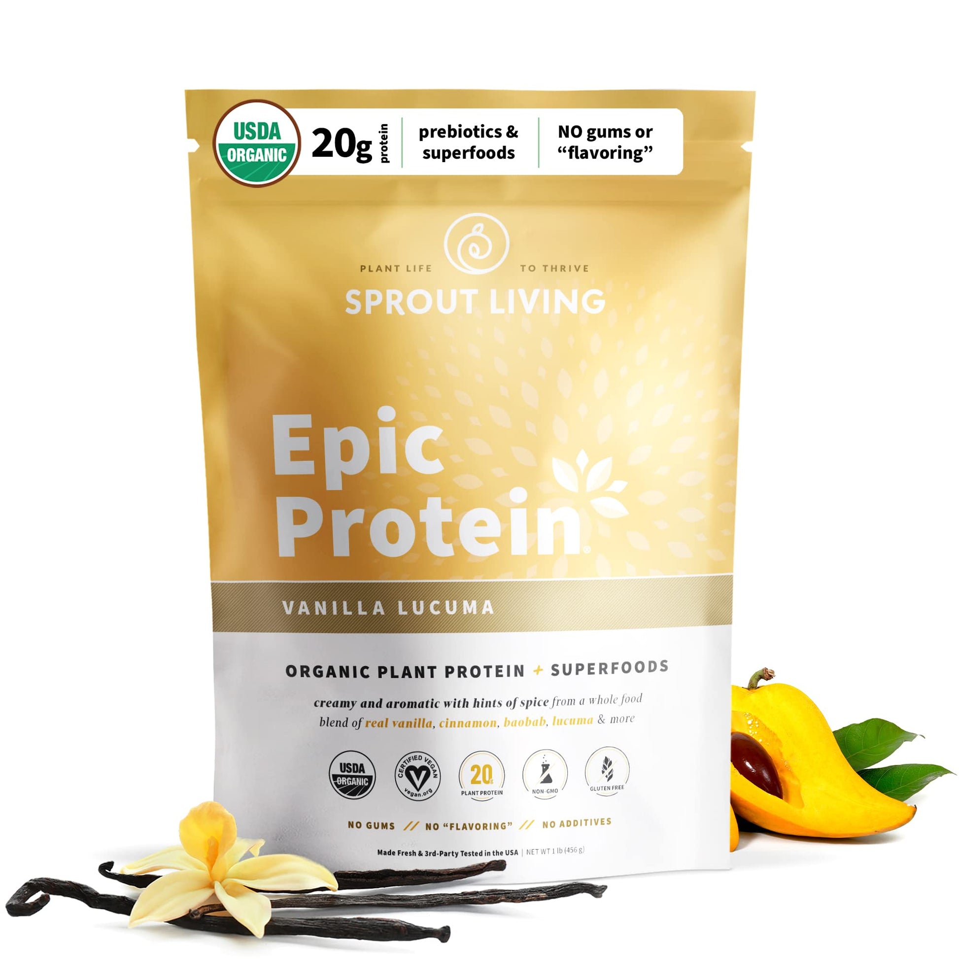 Sprout Living Epic Protein, Plant Based Protein & Superfoods Powder, Vanilla Lucuma Powder | 20 Grams Organic Protein Powder, Vegan, Non Dairy, Non-GMO, Gluten Free, Low Sugar (1 Pound, 12 Servings) - Maple Wellness Supplements