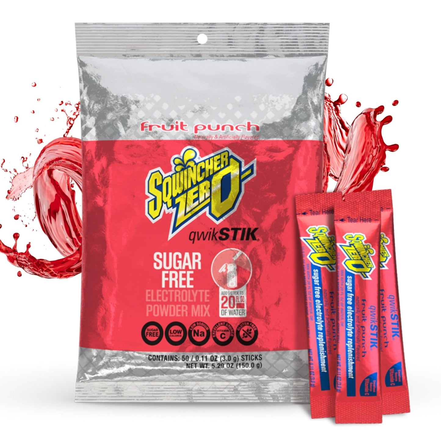 Sqwincher Zero Qwik Stik, Fruit Punch, Sugar Free, Low Calorie, Low Sodium Electrolyte Powder Hydration Drink Mix, .11 0z Packet (Pack of 50) - Maple Wellness Supplements