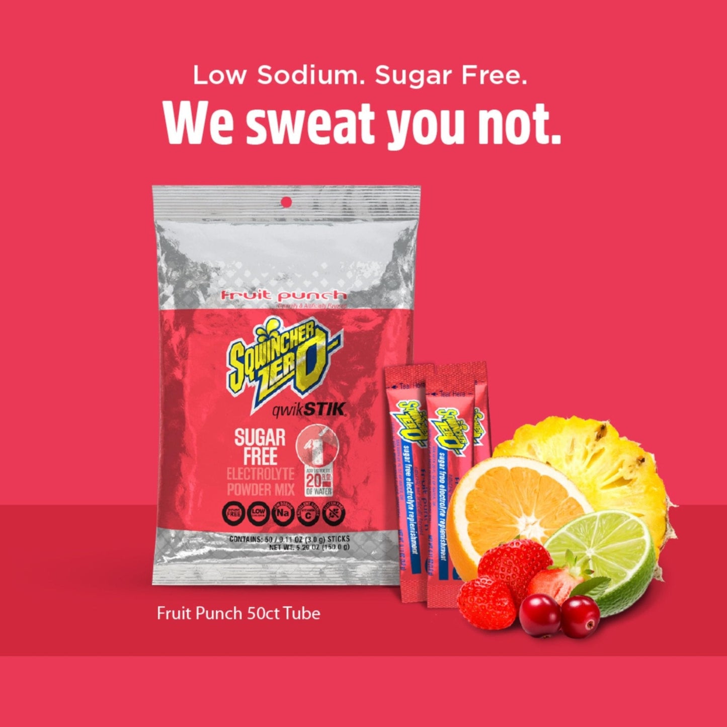 Sqwincher Zero Qwik Stik, Fruit Punch, Sugar Free, Low Calorie, Low Sodium Electrolyte Powder Hydration Drink Mix, .11 0z Packet (Pack of 50) - Maple Wellness Supplements