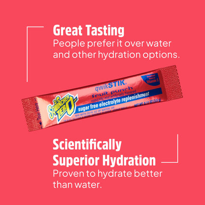 Sqwincher Zero Qwik Stik, Fruit Punch, Sugar Free, Low Calorie, Low Sodium Electrolyte Powder Hydration Drink Mix, .11 0z Packet (Pack of 50) - Maple Wellness Supplements
