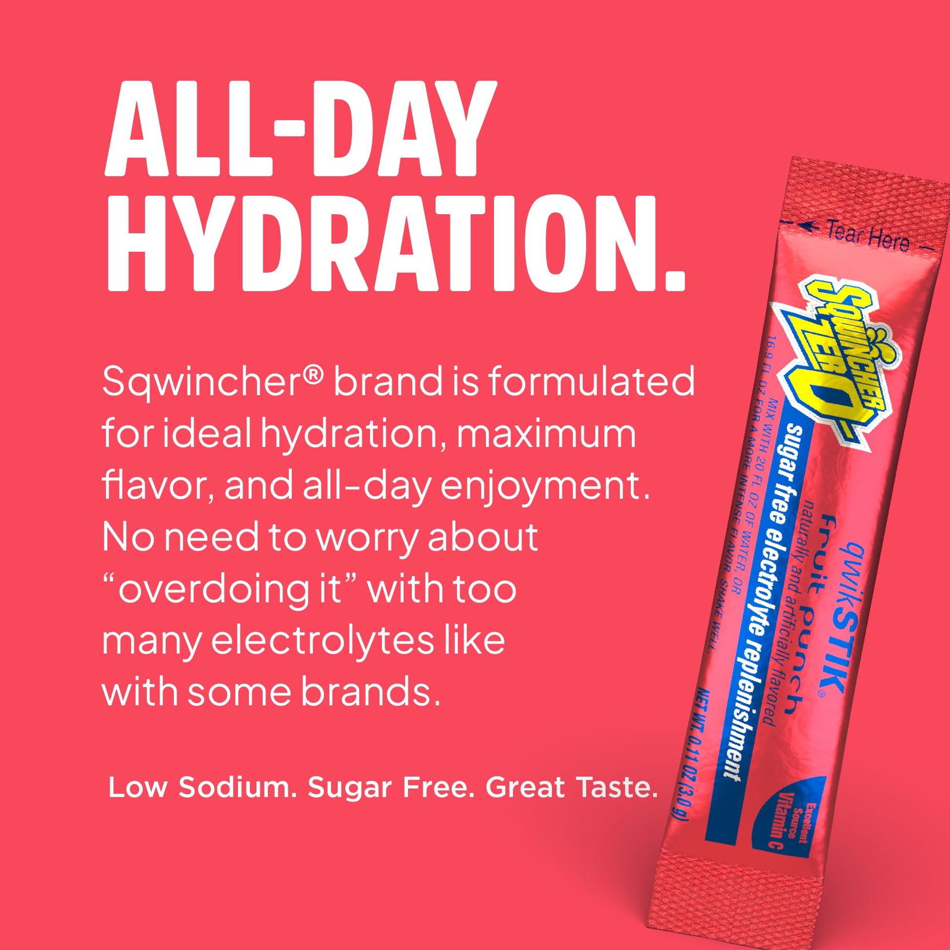 Sqwincher Zero Qwik Stik, Fruit Punch, Sugar Free, Low Calorie, Low Sodium Electrolyte Powder Hydration Drink Mix, .11 0z Packet (Pack of 50) - Maple Wellness Supplements