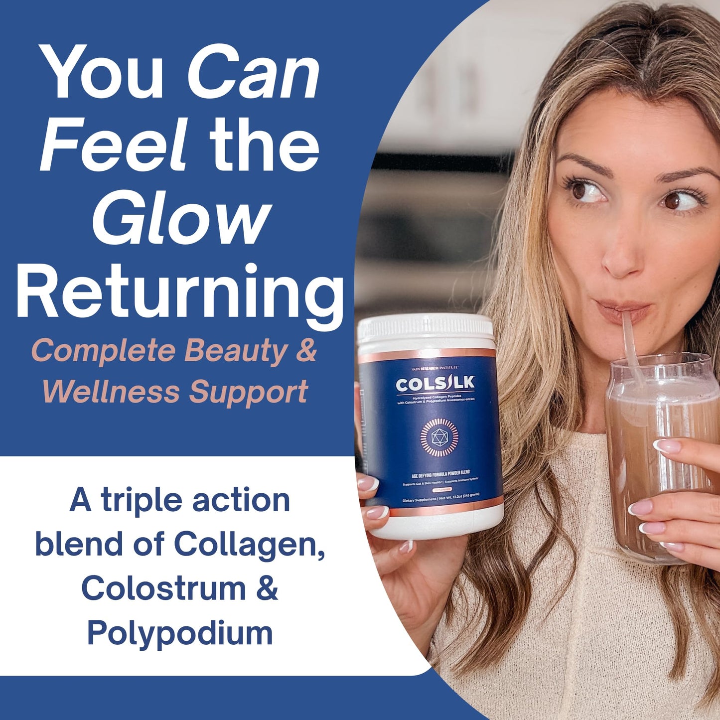 SRILabs ColSilk Unflavored Hydrolyzed Collagen Powder with Colostrum and Polypodium - Skin, Hair, Nails, Gut Health and Joint Support - One Scoop Daily | 1 Month Supply - Maple Wellness Supplements