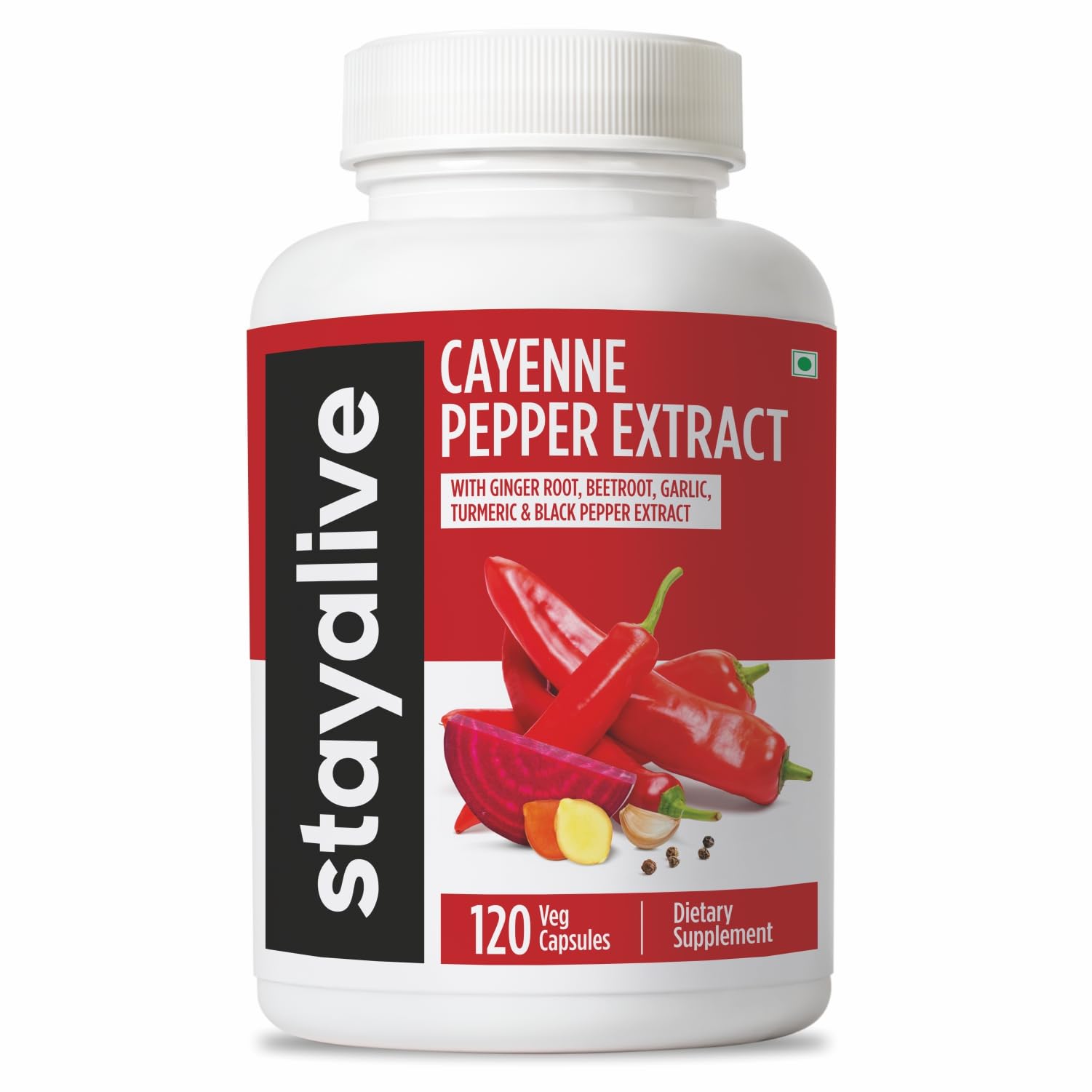STAY ALIVE Cayenne Pepper Capsules, 6-in-1 Capsicum Blend w/Ginger, Garlic, Turmeric, Beet Root, and Black Pepper Extract, 120 Cayenne Capsules, - Maple Wellness Supplements
