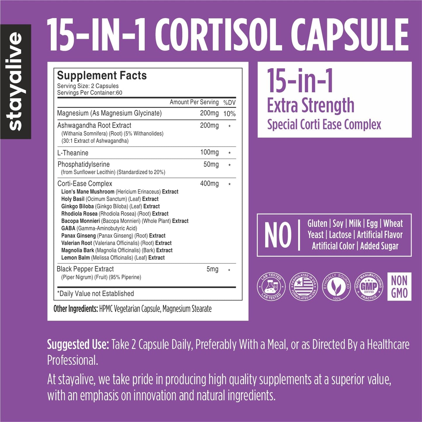 STAY ALIVE Cortisol Manager Supplement 15-in-1 Complex w/L-Theanine, Ashwagandha, Magnesium Glycinate, Phosphatidylserine and More, 120 Veg Capsules, Non-GMO & Gluten-Free Formula for Women and Men - Maple Wellness Supplements