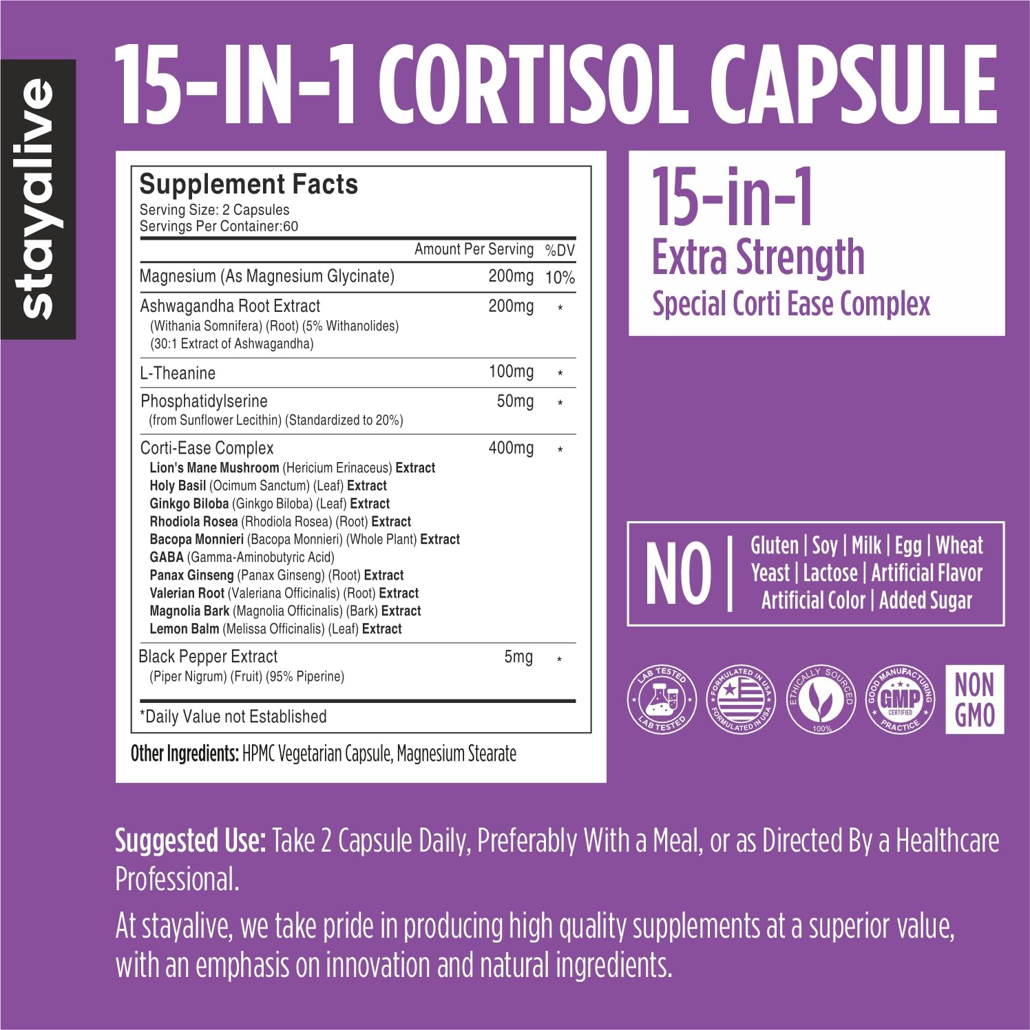 STAY ALIVE Cortisol Manager Supplement 15-in-1 Complex w/L-Theanine, Ashwagandha, Magnesium Glycinate, Phosphatidylserine and More, 120 Veg Capsules, Non-GMO & Gluten-Free Formula for Women and Men - Maple Wellness Supplements