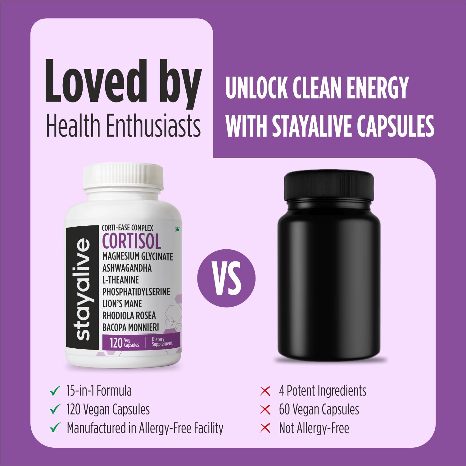 STAY ALIVE Cortisol Manager Supplement 15-in-1 Complex w/L-Theanine, Ashwagandha, Magnesium Glycinate, Phosphatidylserine and More, 120 Veg Capsules, Non-GMO & Gluten-Free Formula for Women and Men - Maple Wellness Supplements