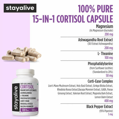 STAY ALIVE Cortisol Manager Supplement 15-in-1 Complex w/L-Theanine, Ashwagandha, Magnesium Glycinate, Phosphatidylserine and More, 120 Veg Capsules, Non-GMO & Gluten-Free Formula for Women and Men - Maple Wellness Supplements