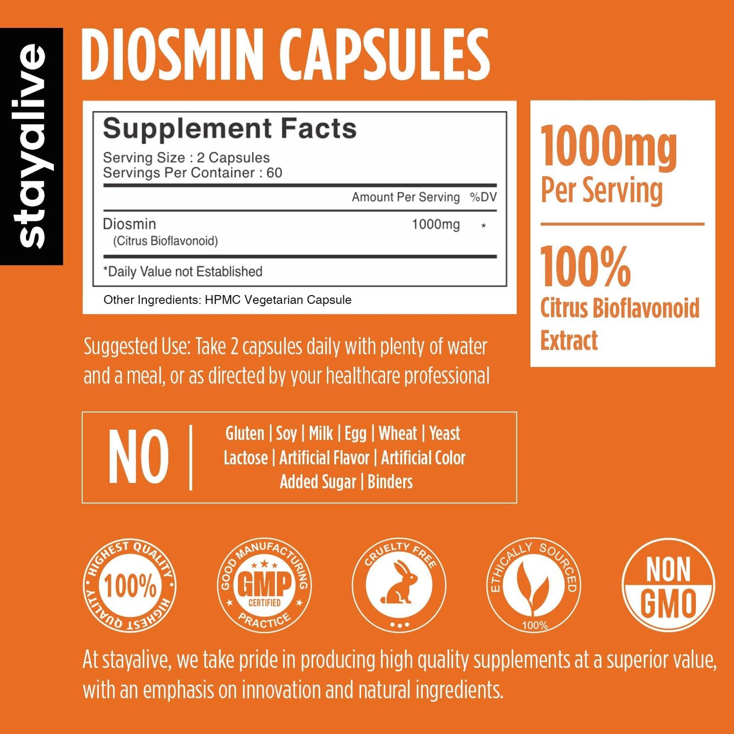 STAY ALIVE Pure Diosmin Complex 1000mg Formula, 120 Capsules, Citrus Bioflavonoids Rich Fruit Extract, 2 Month Supply, 100% Vegetarian, Non-GMO & Gluten Free Diosmin Supplement - Maple Wellness Supplements