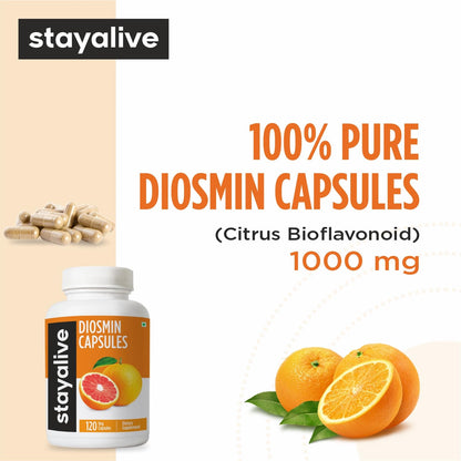STAY ALIVE Pure Diosmin Complex 1000mg Formula, 120 Capsules, Citrus Bioflavonoids Rich Fruit Extract, 2 Month Supply, 100% Vegetarian, Non-GMO & Gluten Free Diosmin Supplement - Maple Wellness Supplements