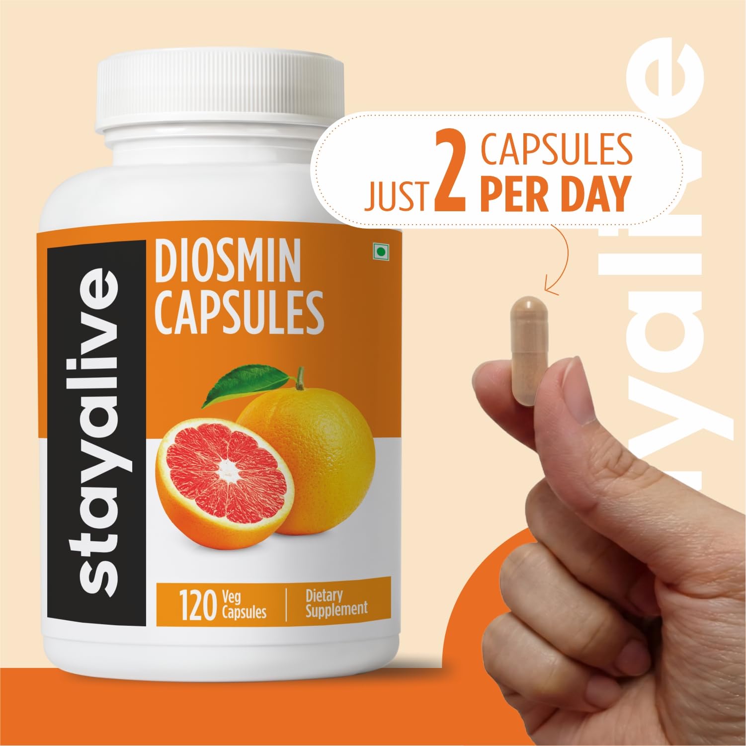STAY ALIVE Pure Diosmin Complex 1000mg Formula, 120 Capsules, Citrus Bioflavonoids Rich Fruit Extract, 2 Month Supply, 100% Vegetarian, Non-GMO & Gluten Free Diosmin Supplement - Maple Wellness Supplements