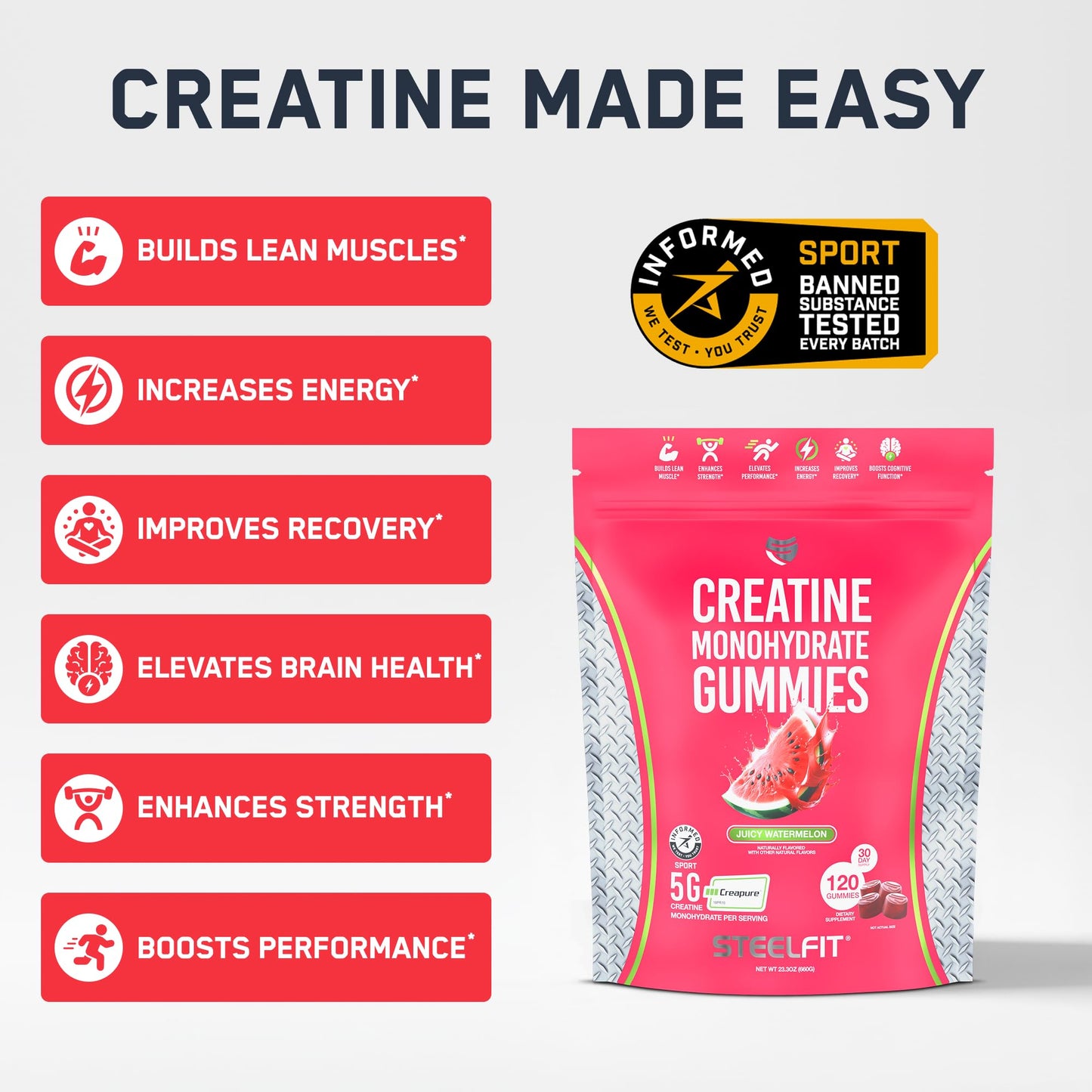 SteelFit Creapure Creatine Monohydrate Gummies for Men & Women, Juicy Watermelon - Gym Workout Nutritional Supplements for Muscle Gain, Brain Health & Strength Building Dietary Supplement, 120 Gummies - Maple Wellness Supplements