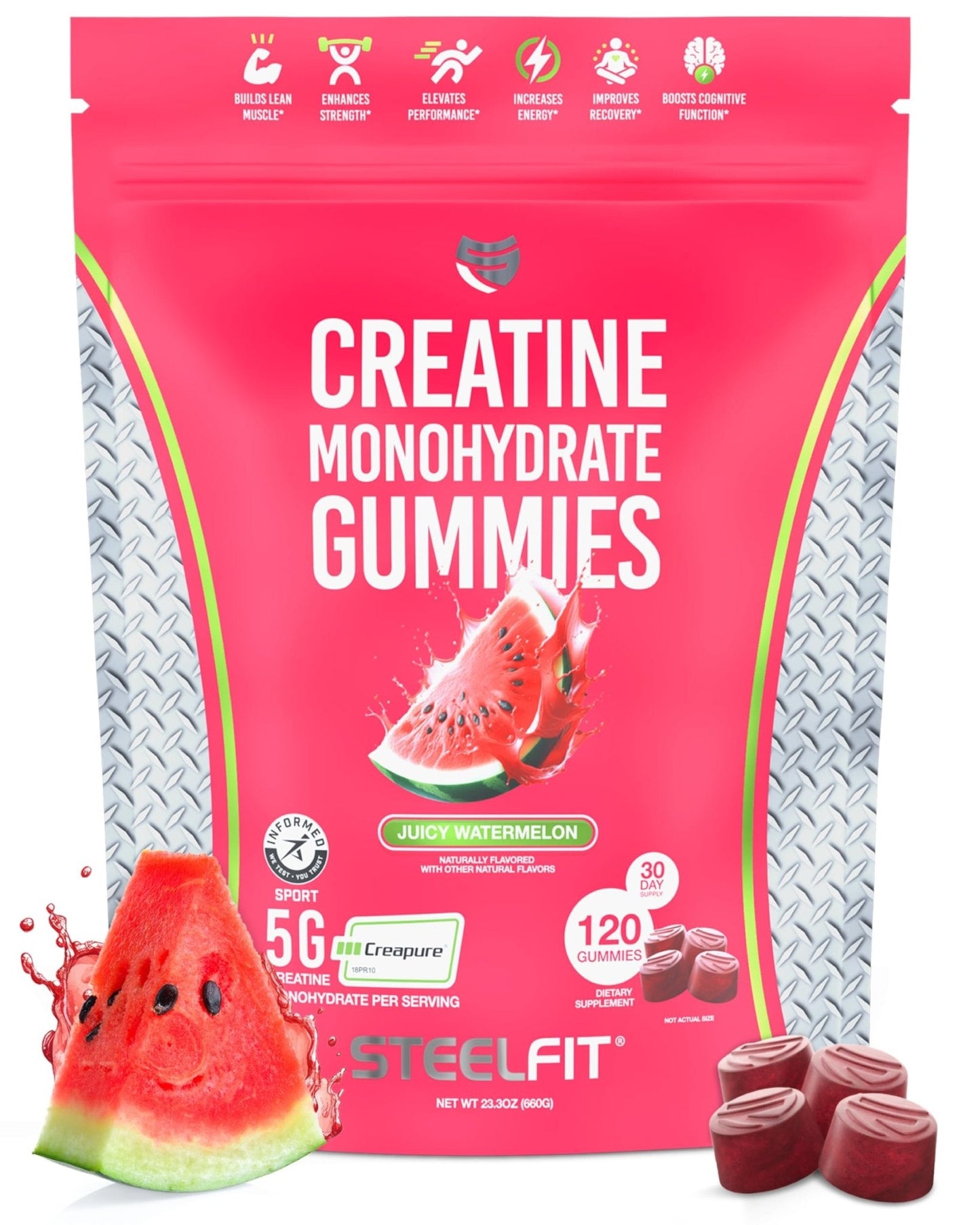 SteelFit Creapure Creatine Monohydrate Gummies for Men & Women, Juicy Watermelon - Gym Workout Nutritional Supplements for Muscle Gain, Brain Health & Strength Building Dietary Supplement, 120 Gummies - Maple Wellness Supplements