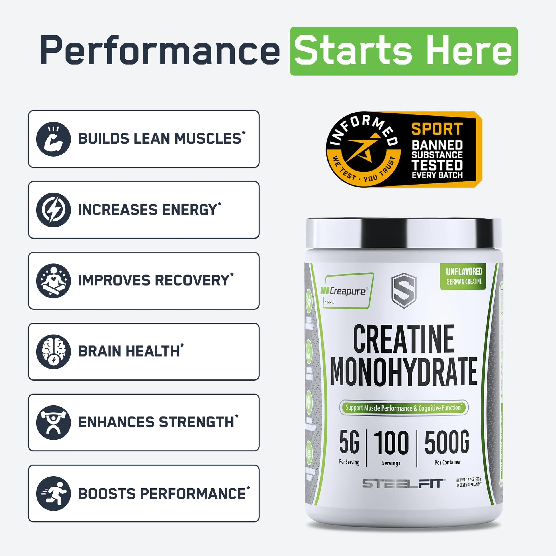 SteelFit Creapure Creatine Monohydrate Powder, Unflavored - German Micronized Creatine Powder for Men & Women - Gym Workout Nutritional Supplements for Muscle Gain - Maple Wellness Supplements