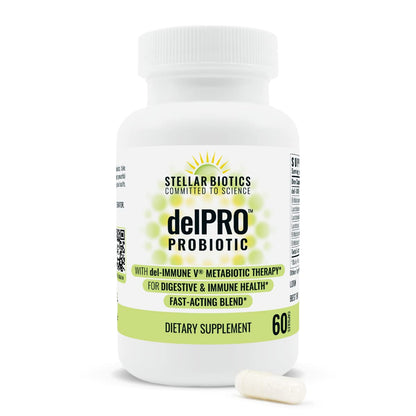 Stellar Biotics - Delpro Probiotic (+ Del-Immune V & Prebiotic Blend) Promotes Optimal Gut Health, Digestion, Immune Support & Mood (60 Capsules) - Maple Wellness Supplements