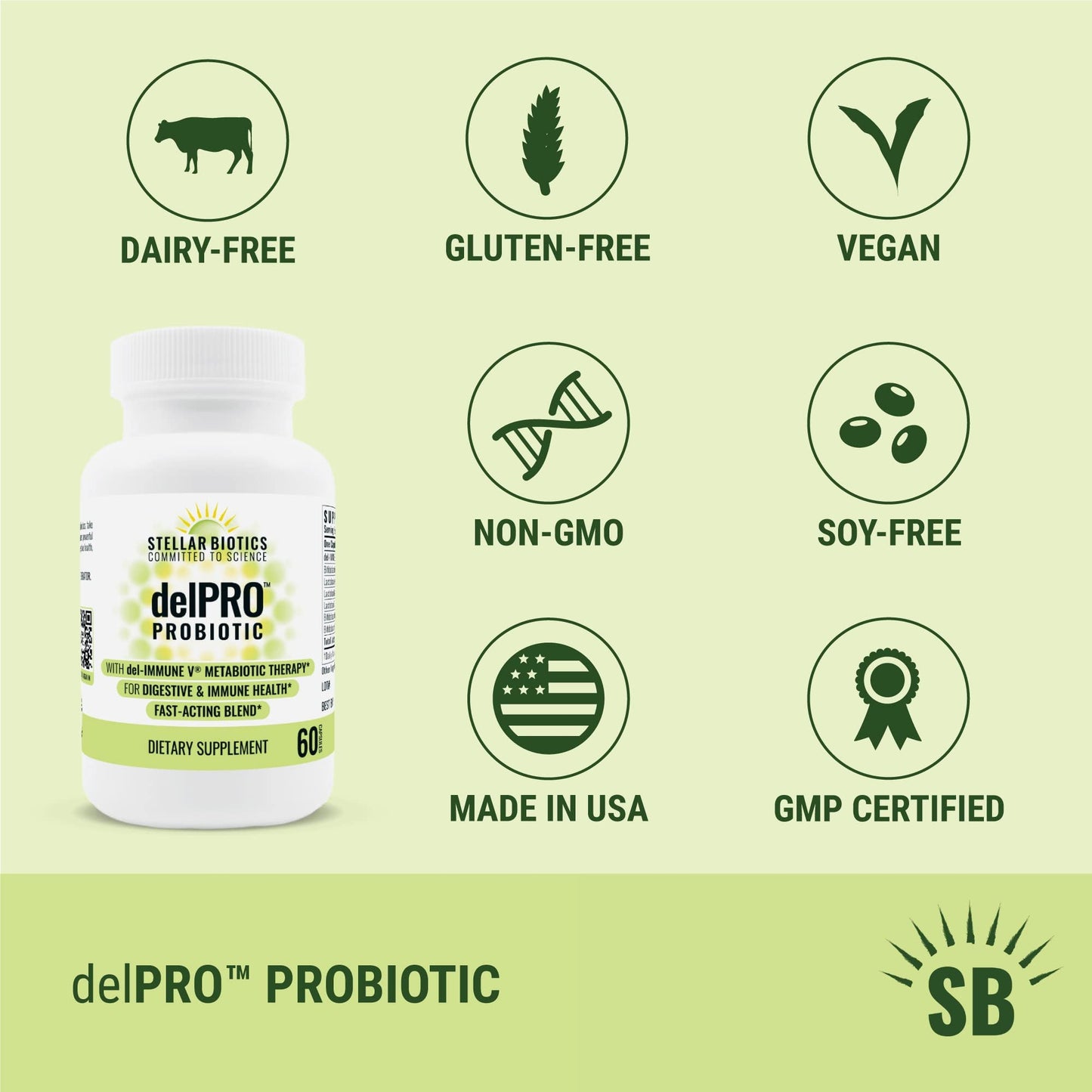 Stellar Biotics - Delpro Probiotic (+ Del-Immune V & Prebiotic Blend) Promotes Optimal Gut Health, Digestion, Immune Support & Mood (60 Capsules) - Maple Wellness Supplements