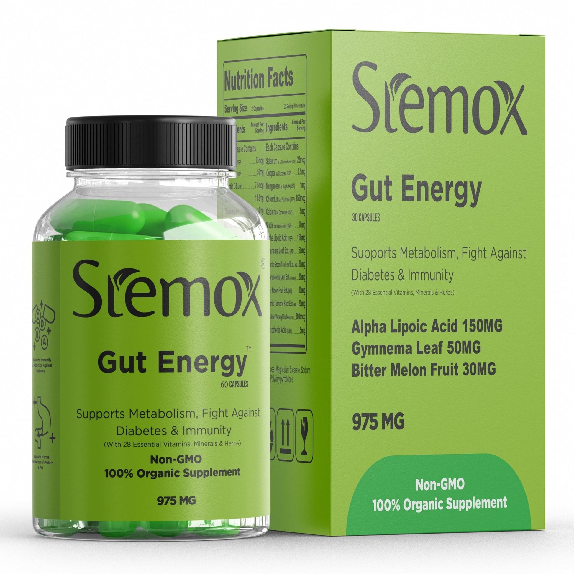 Stemox Gut Energy – Natural Energy & Metabolism Support Supplement with Biotin, Chromium, Alpha Lipoic Acid & Organic Herbal Extracts – Blood Sugar & Gut Health Support – 60 Vegan Capsules - Maple Wellness Supplements