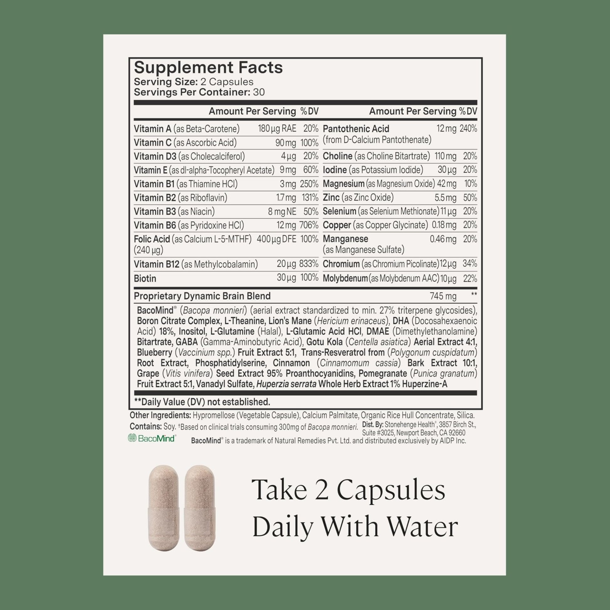 Stonehenge Health Dynamic Brain – BacoMind® Bacopa Nootropic Formula – Memory, Recall & Retention, Phosphatidylserine, Huperzine A, DHA & Choline – 40 Brain-Boosting Ingredients – Non-GMO, 60 Caps - Maple Wellness Supplements
