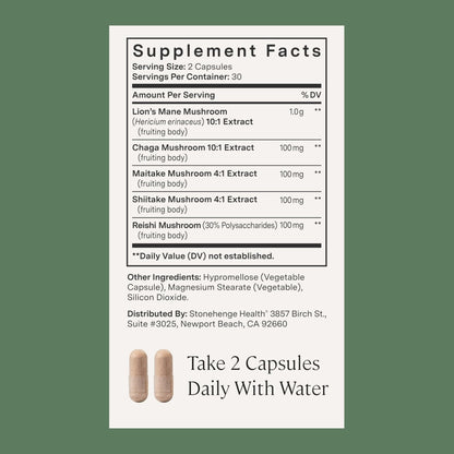 Stonehenge Health Dynamic Mushrooms 1,400 mg – 5 Mushroom Complex (Lion’s Mane, Reishi, Chaga, Maitake, Shiitake) – 100% Fruiting Bodies, Nootropic – Brain, Memory, Focus & Immune Support – 60 Caps - Maple Wellness Supplements