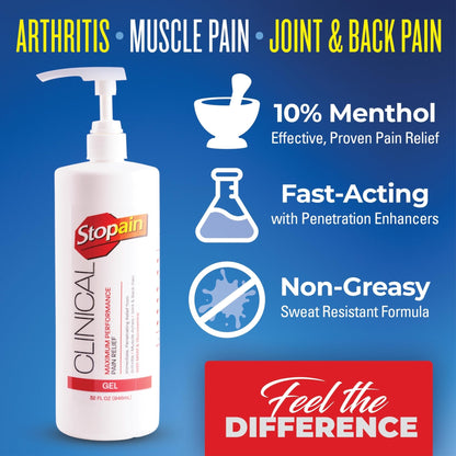 Stopain Clinical Pain Relief Gel 32 oz - Professional Formula for Arthritis, Knee, Back & Muscle Pain - Maximum Strength Gel for Joint & Nerve Pains with 10% Menthol Plus Glucosamine - Made in USA - Maple Wellness Supplements