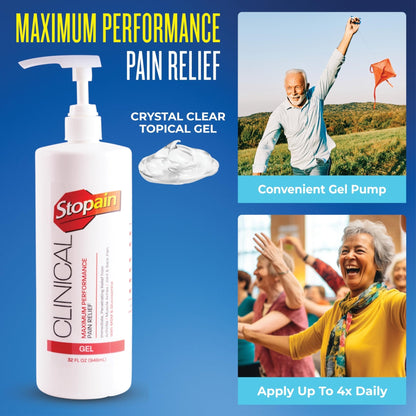 Stopain Clinical Pain Relief Gel 32 oz - Professional Formula for Arthritis, Knee, Back & Muscle Pain - Maximum Strength Gel for Joint & Nerve Pains with 10% Menthol Plus Glucosamine - Made in USA - Maple Wellness Supplements