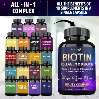 StrongVit Biotin with Hyaluronic Acid, Keratin and Collagen Supplements - 10000mcg for Hair Growth Women and Men - Maple Wellness Supplements