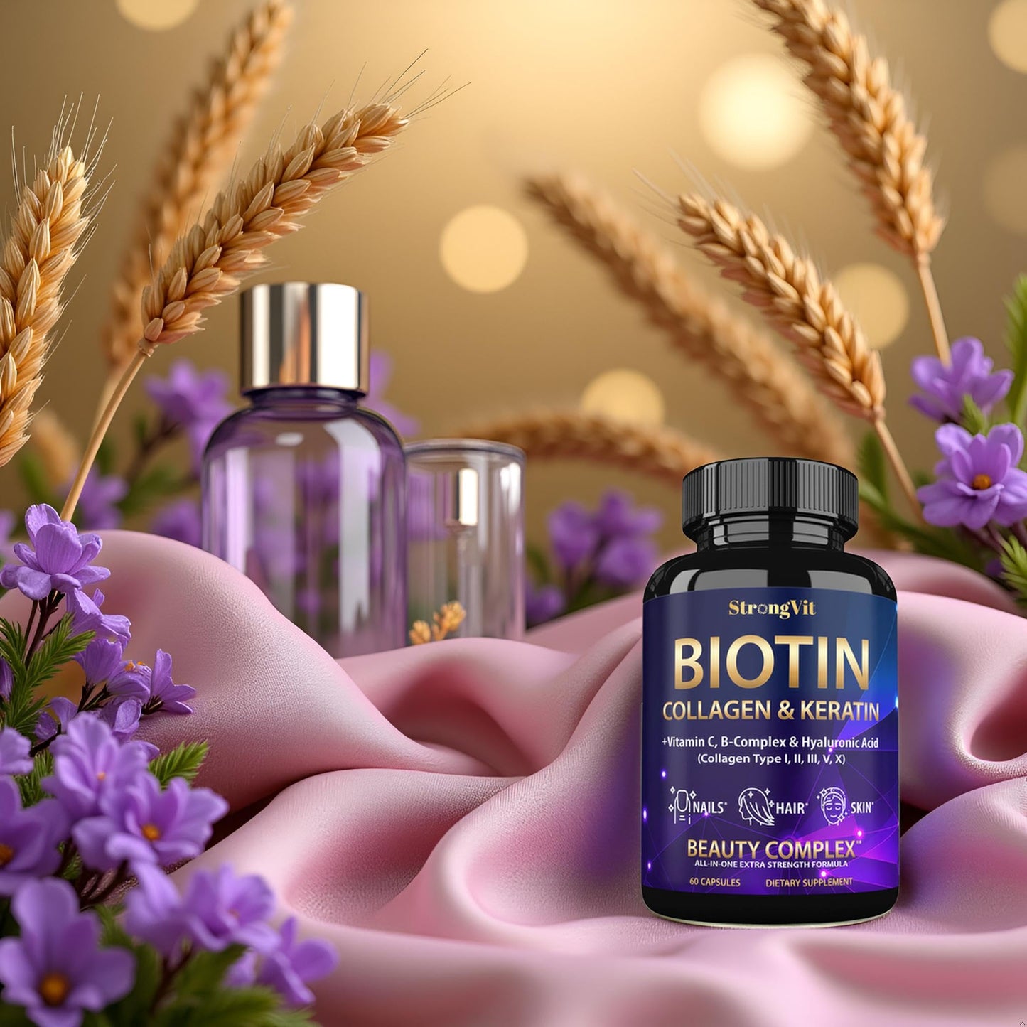 StrongVit Biotin with Hyaluronic Acid, Keratin and Collagen Supplements - 10000mcg for Hair Growth Women and Men - Maple Wellness Supplements