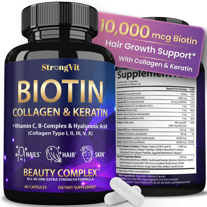 StrongVit Biotin with Hyaluronic Acid, Keratin and Collagen Supplements - 10000mcg for Hair Growth Women and Men - Maple Wellness Supplements