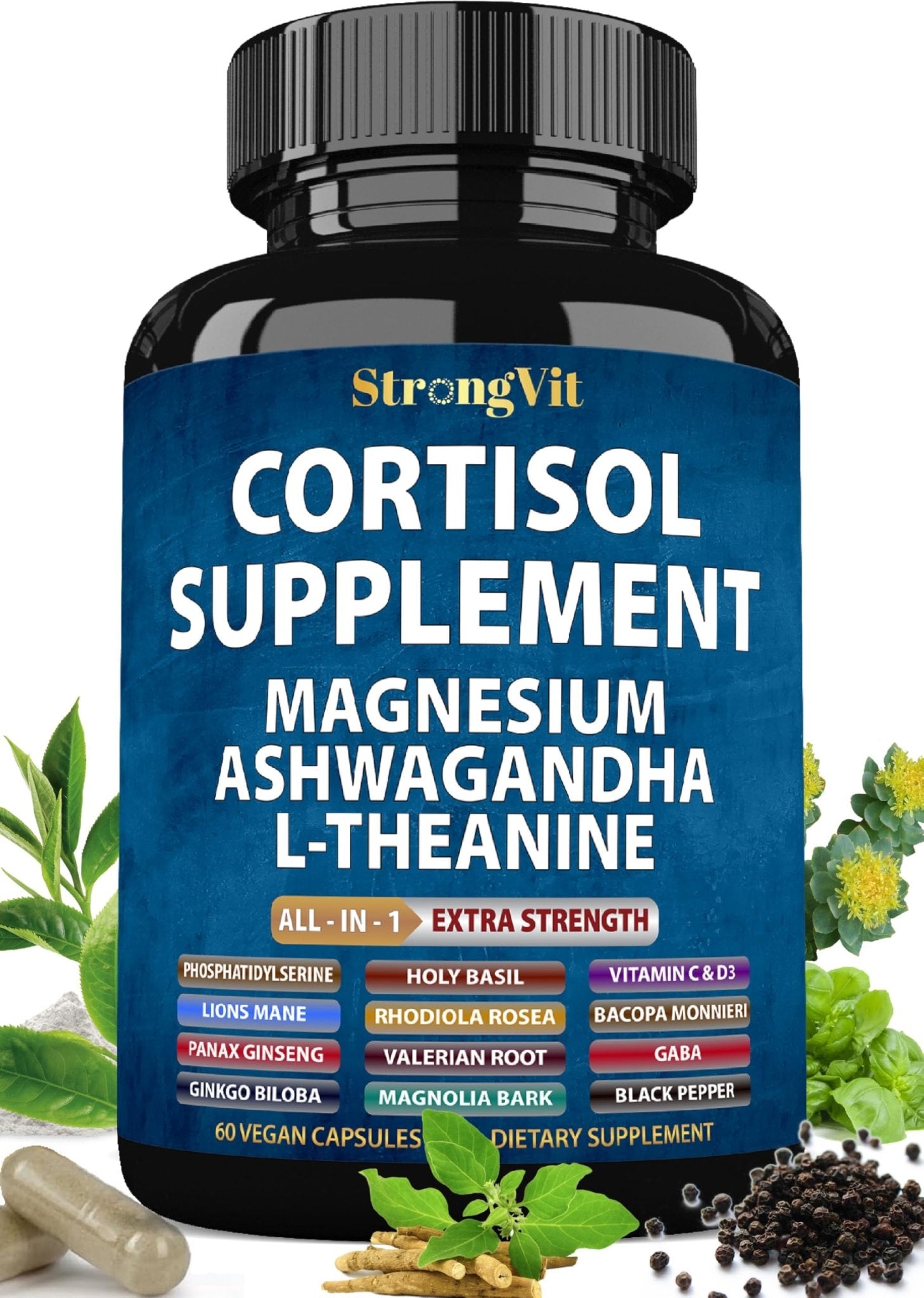 StrongVit Cortisol Supplements for Women and Men with Magnesium, Ashwagandha & L-Theanine. High Cortisol Reducer, Manager, Detox, - Maple Wellness Supplements