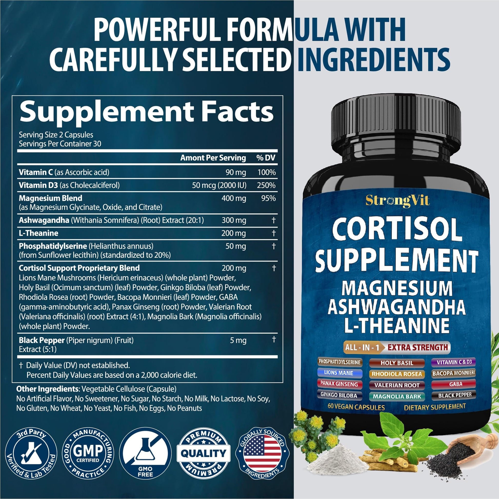StrongVit Cortisol Supplements for Women and Men with Magnesium, Ashwagandha & L-Theanine. High Cortisol Reducer, Manager, Detox, - Maple Wellness Supplements