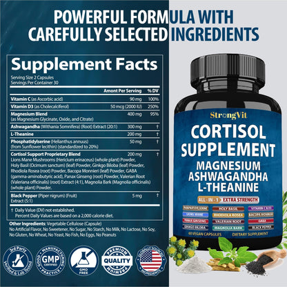 StrongVit Cortisol Supplements for Women and Men with Magnesium, Ashwagandha & L-Theanine. High Cortisol Reducer, Manager, Detox, - Maple Wellness Supplements