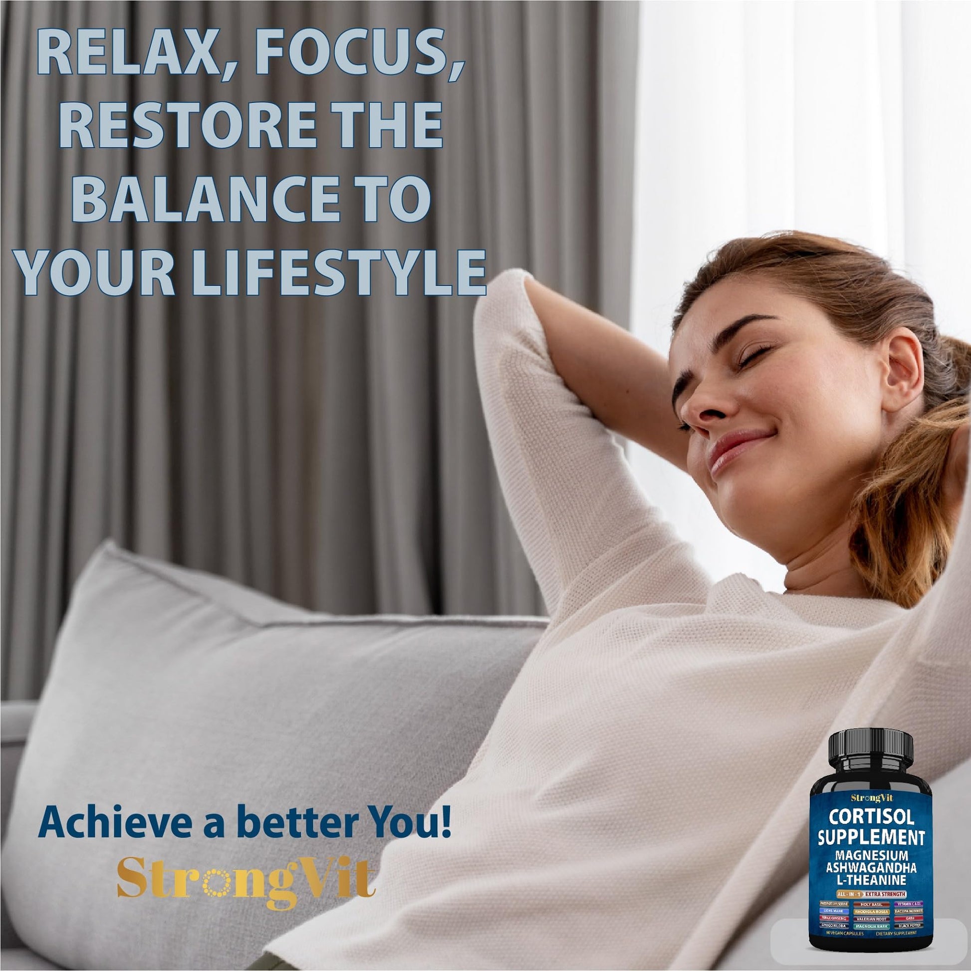 StrongVit Cortisol Supplements for Women and Men with Magnesium, Ashwagandha & L-Theanine. High Cortisol Reducer, Manager, Detox, - Maple Wellness Supplements