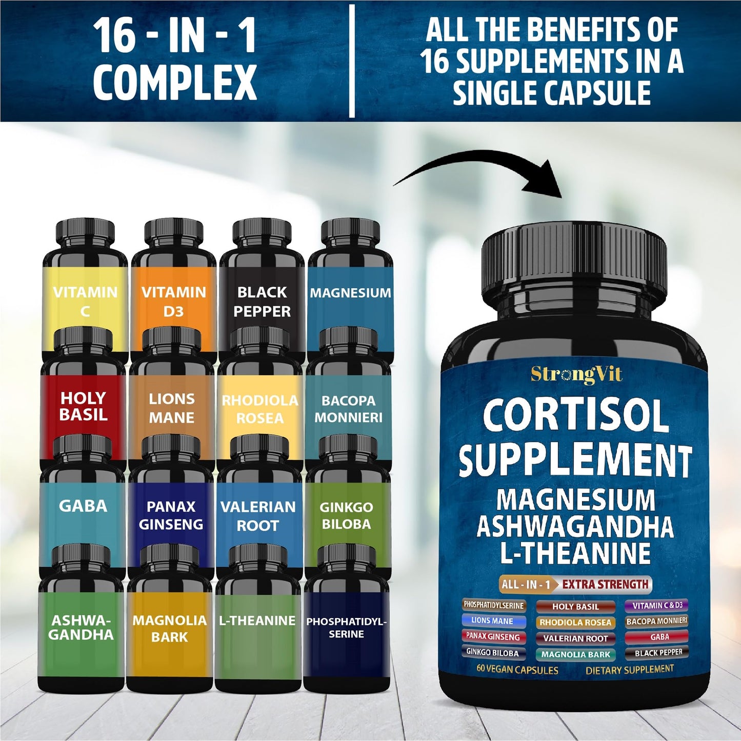 StrongVit Cortisol Supplements for Women and Men with Magnesium, Ashwagandha & L-Theanine. High Cortisol Reducer, Manager, Detox, - Maple Wellness Supplements
