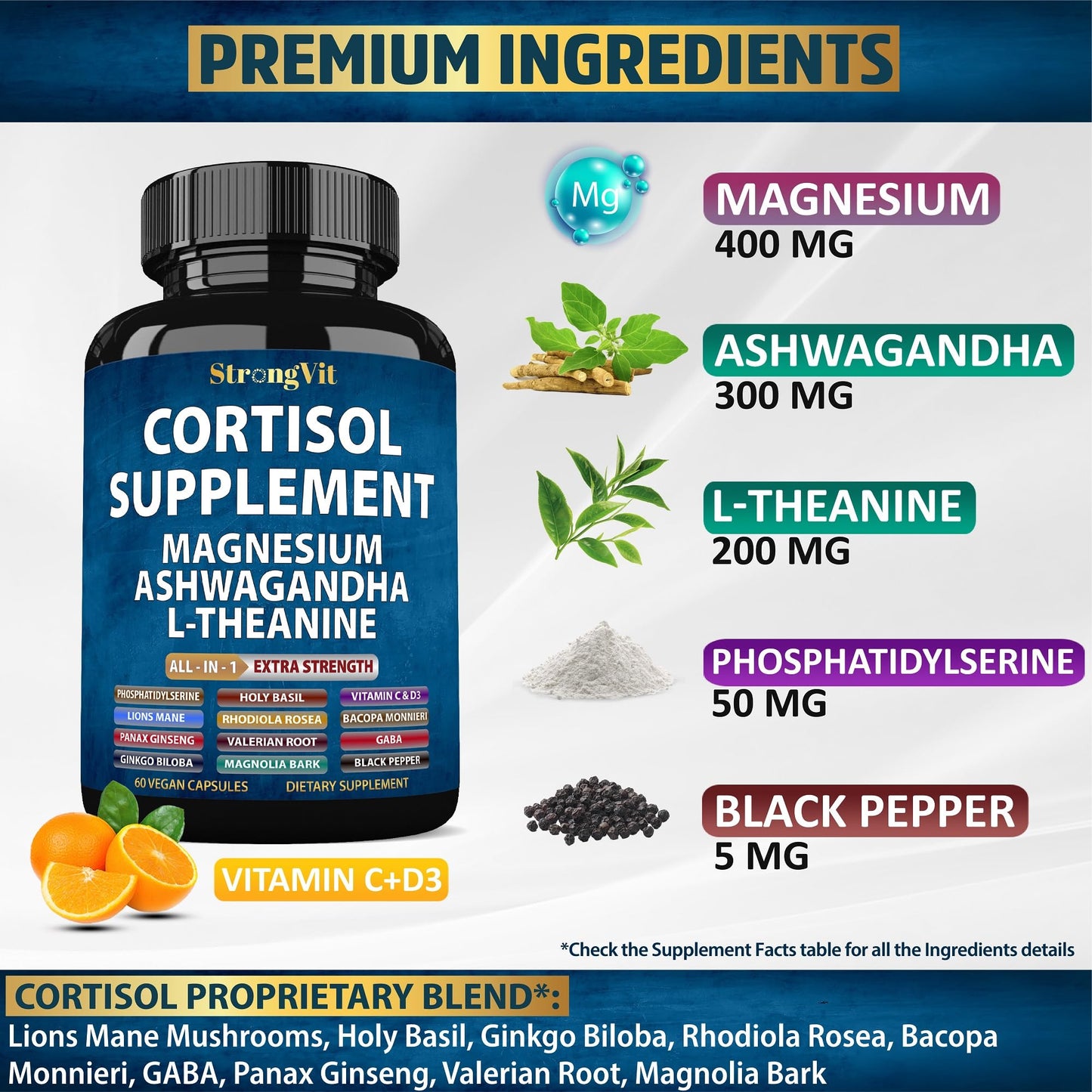 StrongVit Cortisol Supplements for Women and Men with Magnesium, Ashwagandha & L-Theanine. High Cortisol Reducer, Manager, Detox, - Maple Wellness Supplements