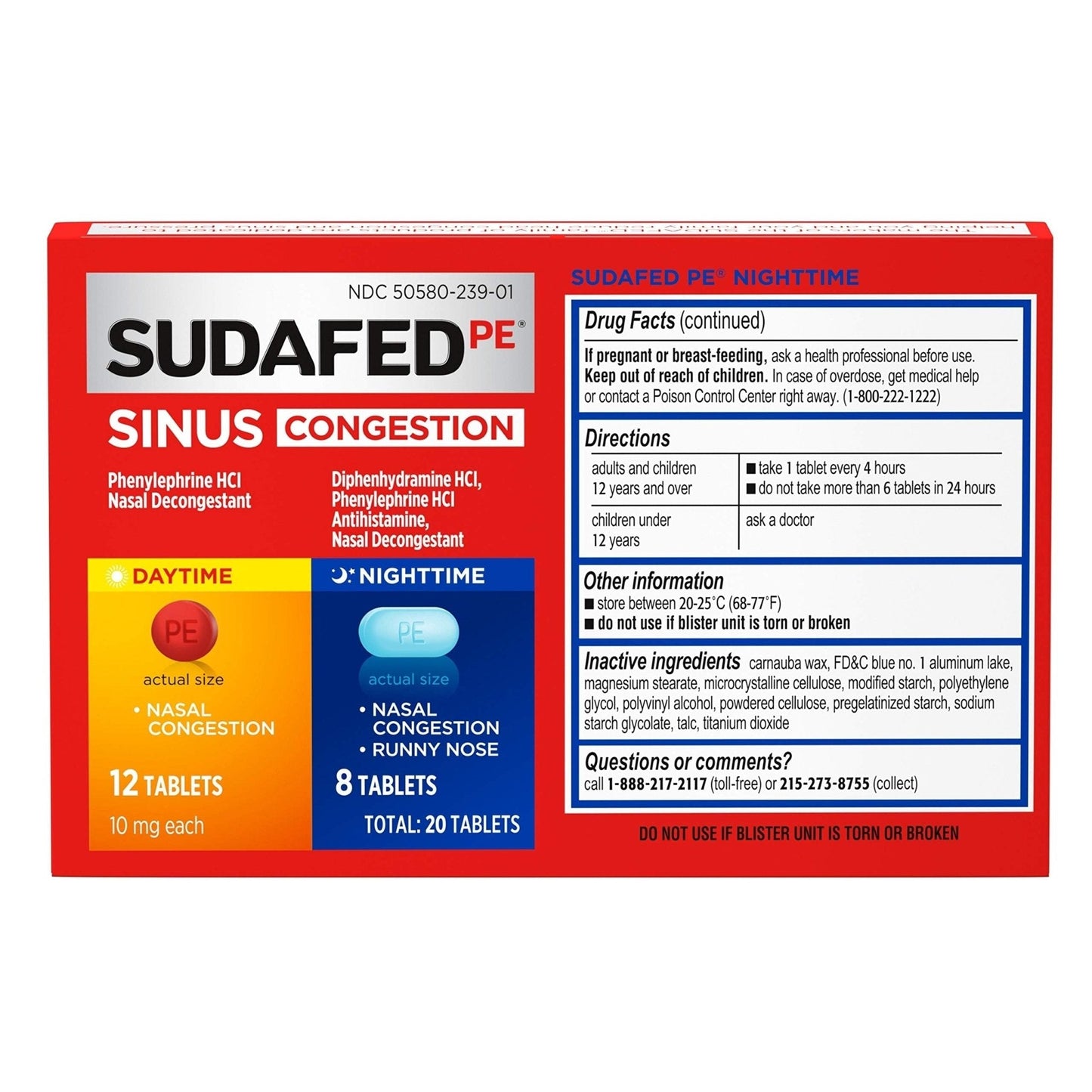 Sudafed PE Sinus Congestion Day + Night Maximum Strength Decongestant & Antihistamine Tablets with Phenylephrine HCl & Diphenhydramine HCl, Helps Nasal & Sinus Pressure & Congestion, 20 ct - Maple Wellness Supplements